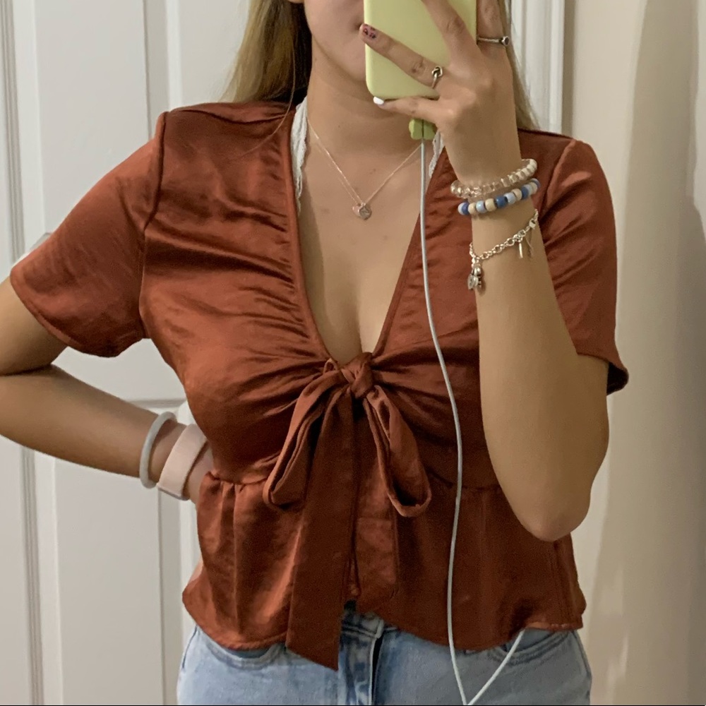 Burnt Orange Satin Tie Front Top
